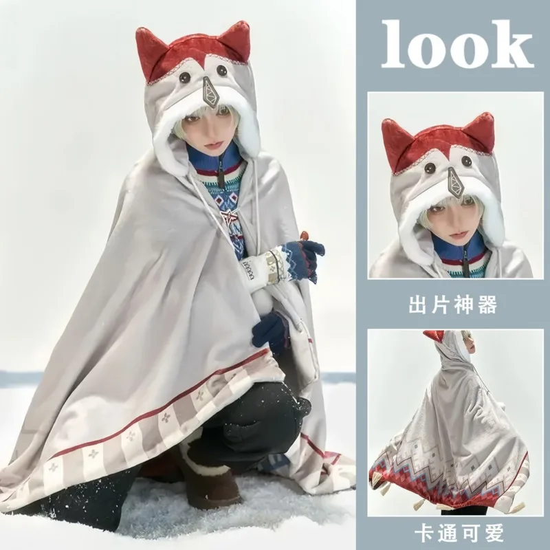 Genshin Impact Alyosha Cosplay Hooded Top Cape Blanket Warm Fleece Poncho, Shawl Cloak Costume Home Wear, Autumn Winter Gift New
