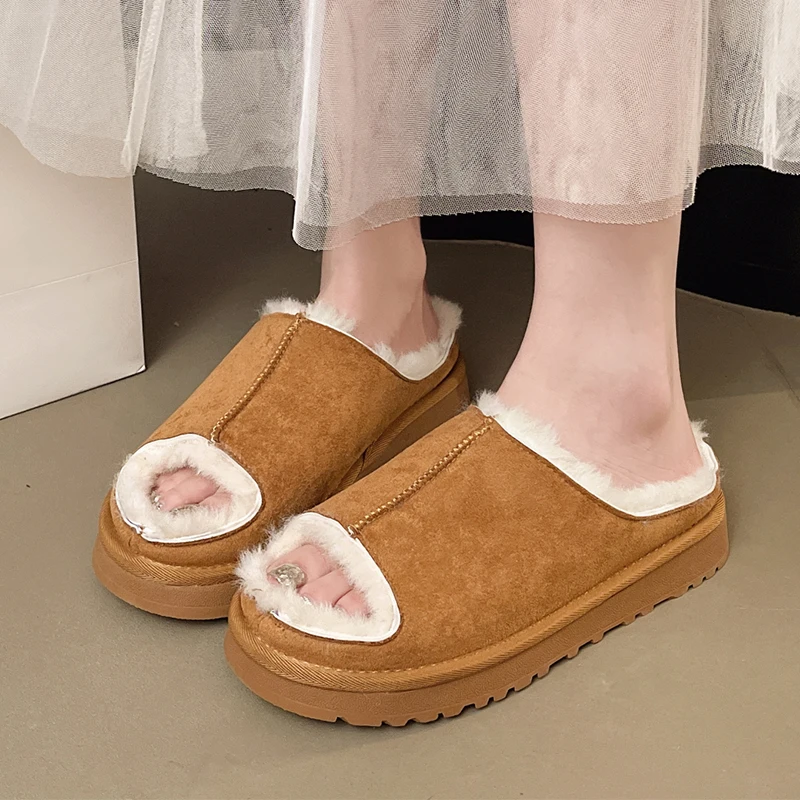 

Короткие плюшевые хлопковые тапочки, замшевые меховые тапочки на плоской подошве, женские домашние шлепанцы на платформе, зимние зимние сапоги 2024, модные теплые ботинки