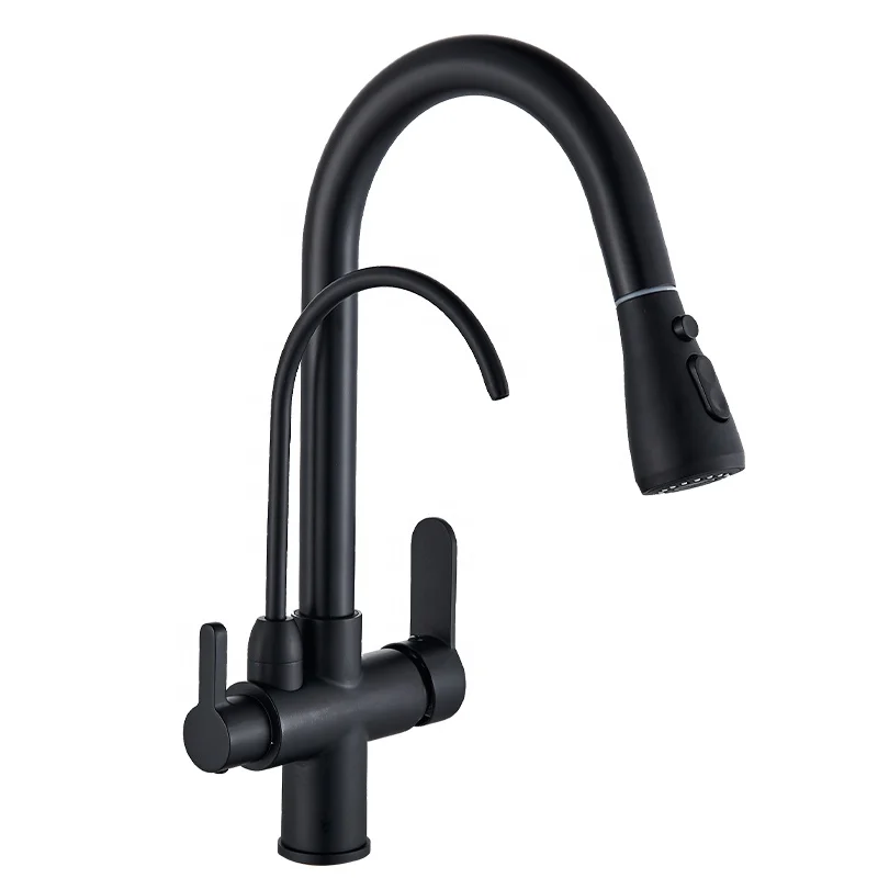 Commercial Matte Black 3 Ways Pure Water Filter Kitchen Faucet Single Lever Pull Out Sprayer Purified Water Kitchen Mixer Tap