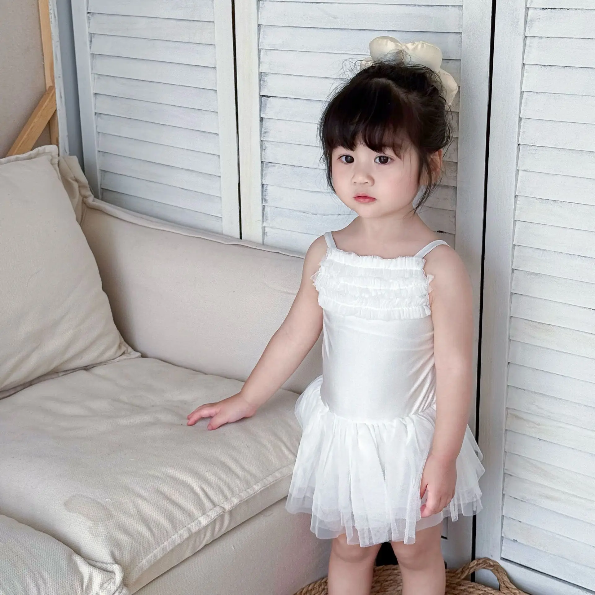 

Summer Ballet Girls' Mesh Strap Skirt with Swimsuit Children Wear Princess Skirt Solid Color White Clothes