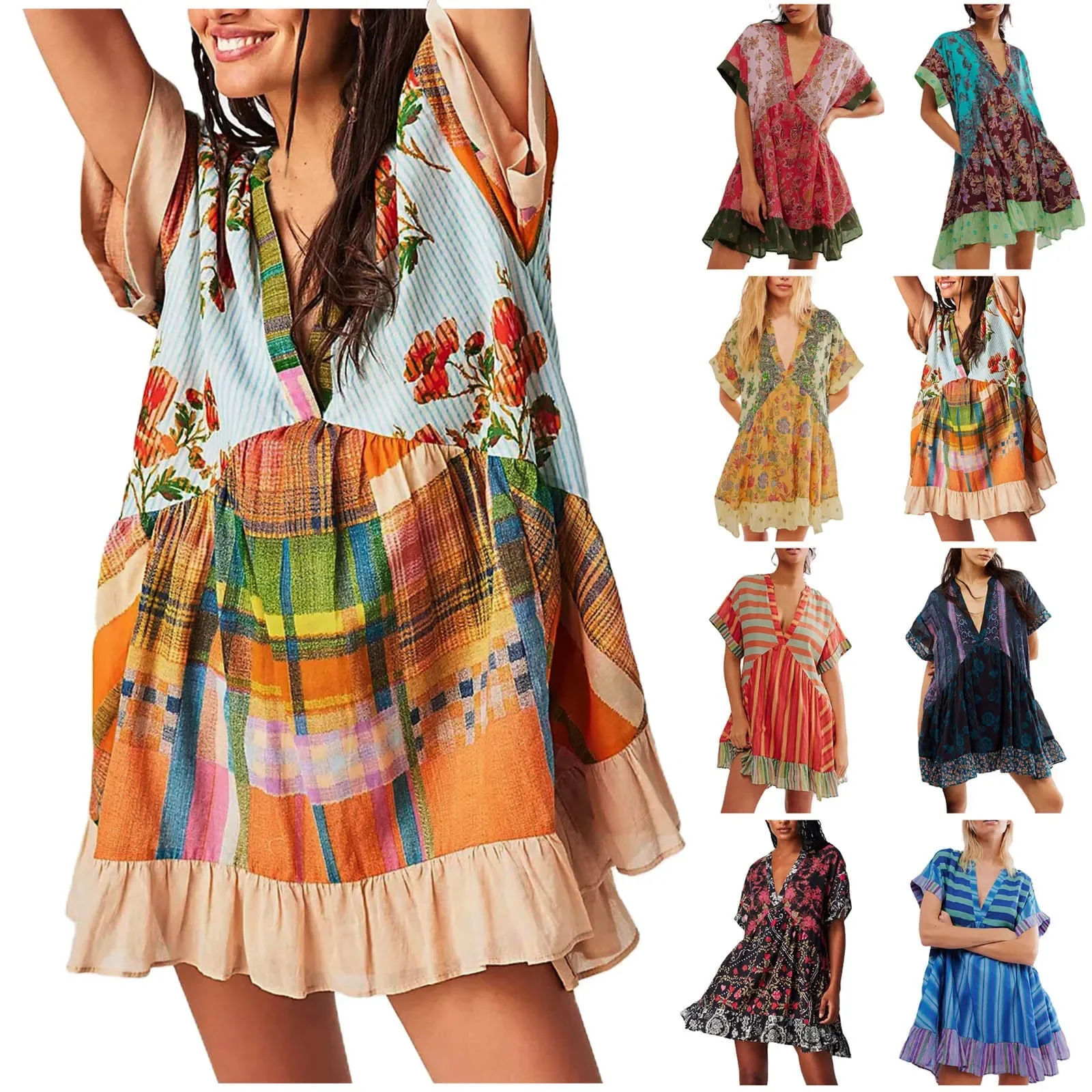 

Women Boho Summer Dresses Y2K Vintage Babydoll Flowy Dress Fashion Ruffle Mini Dress Deep V-Neck Casual Floral Sundress