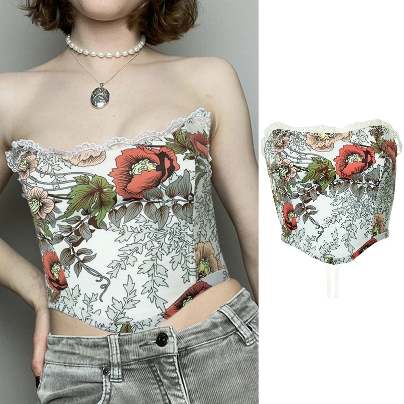 Elastic Floral Pattern Backless Girl Waist Corset Summer Women Sleeveless Top P8DB