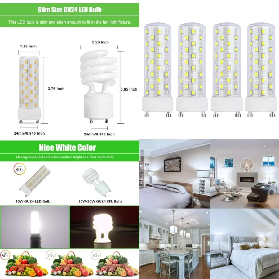 

GU24 LED Light Bulb Daylight Bright White 5000K-6000K High Brightness for Bathroom Ceiling Fan 13W 18W 23W T2 Spiral CFL Light