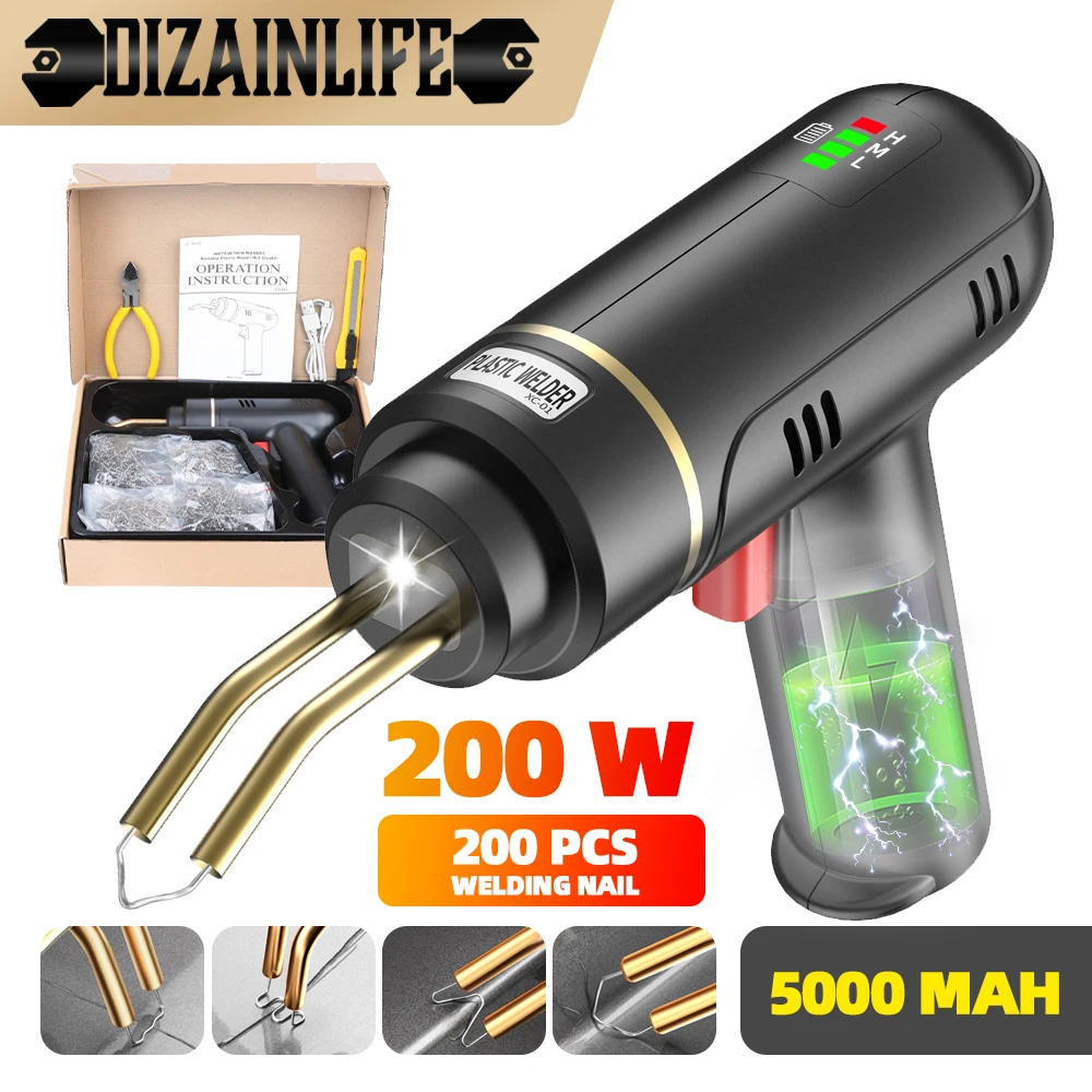 200W Heat Gun Rechargeable 5000mAh Plastic Welding Machine Bumper Soldering Iron Hot Staplers Plastic Car Welder Repair Tools