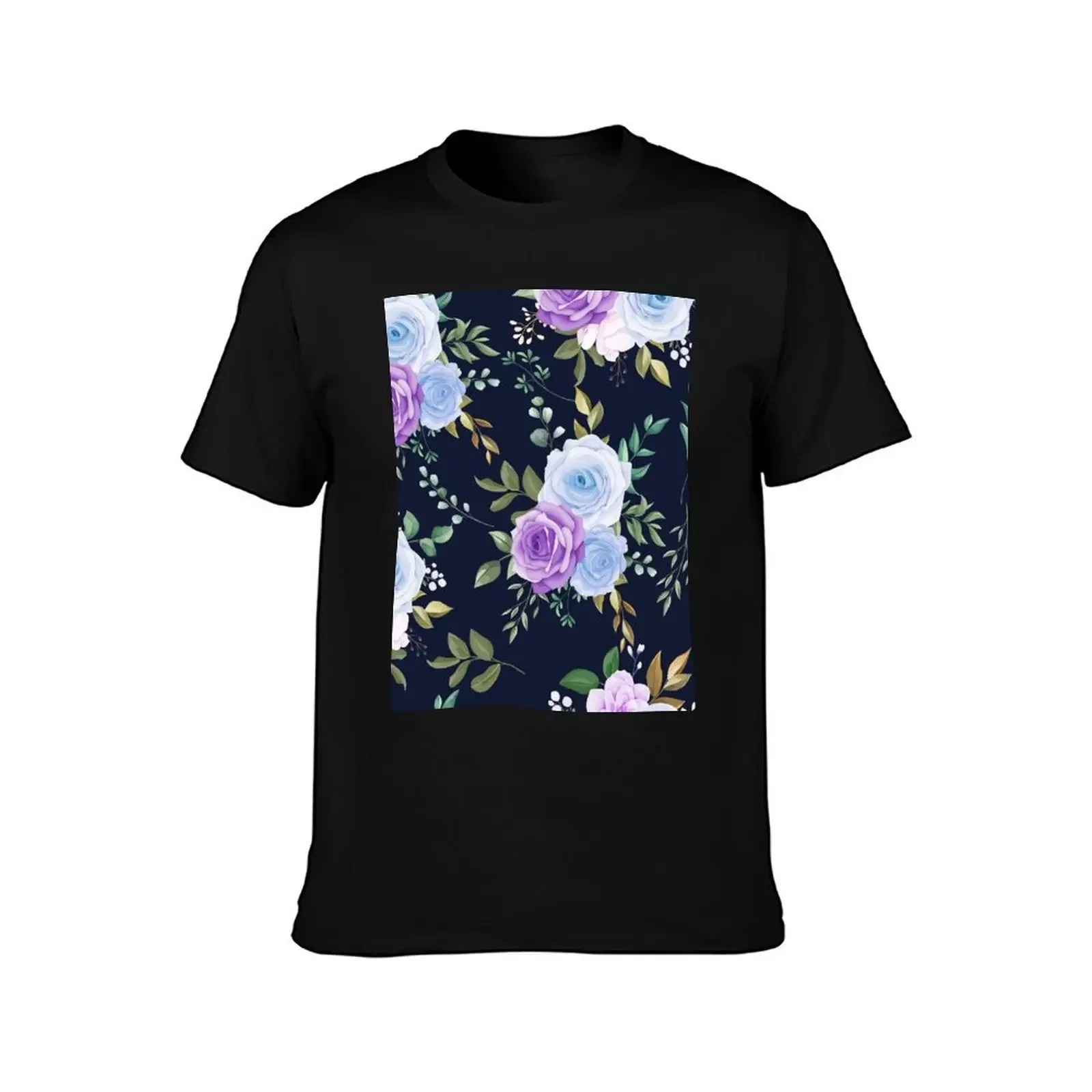 Beautiful blue flower green leaves pattern T-Shirt vintage t shirts Luxury man men graphic t shirts