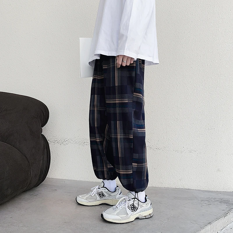 

Loose Men's Casual Pants Retro Plaid Dstring Trendy Brand Comfortable Breathable Youthful Sle Summer Thin Polyester Fiber