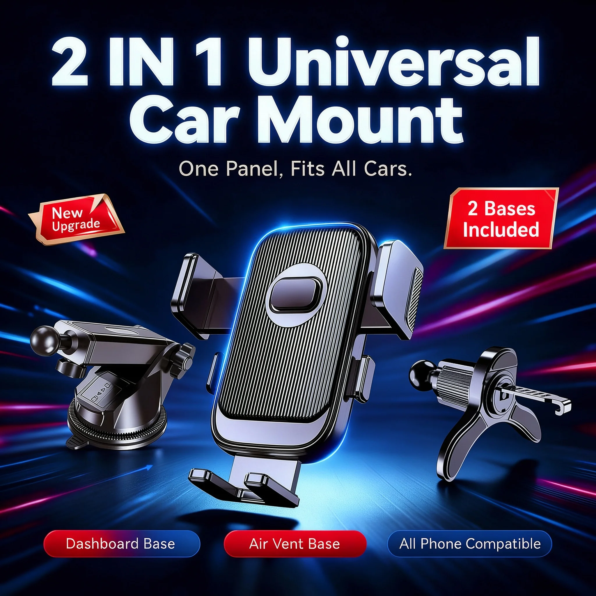 2 in 1 Universal Car Phone Mount Dashboard Air Vent Holder 2 Bases Included One Panel Fits All Cars Adjustable Car Stand Durable