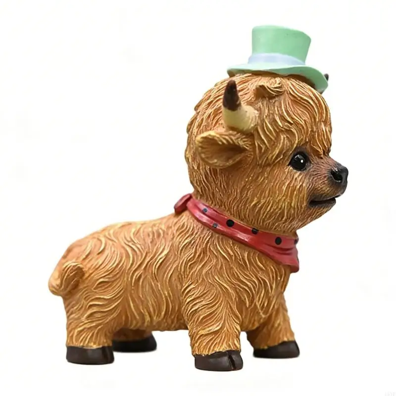 Resin High Land Cow Statue with Bowknot Scottish Calf Gnomes Miniature Figurine Ornament for Shelf Display and Room Accent