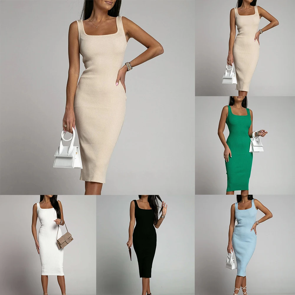 Clothes Dresses Sexy Sleeveless Slim Square Neck Vest Bodycon Lady Solid Spaghetti Strap Vestidos Bandage Bodycon