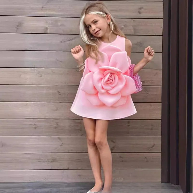 Children's dresses   new girls senior sense party pink three-dimensional flowers vest dresses