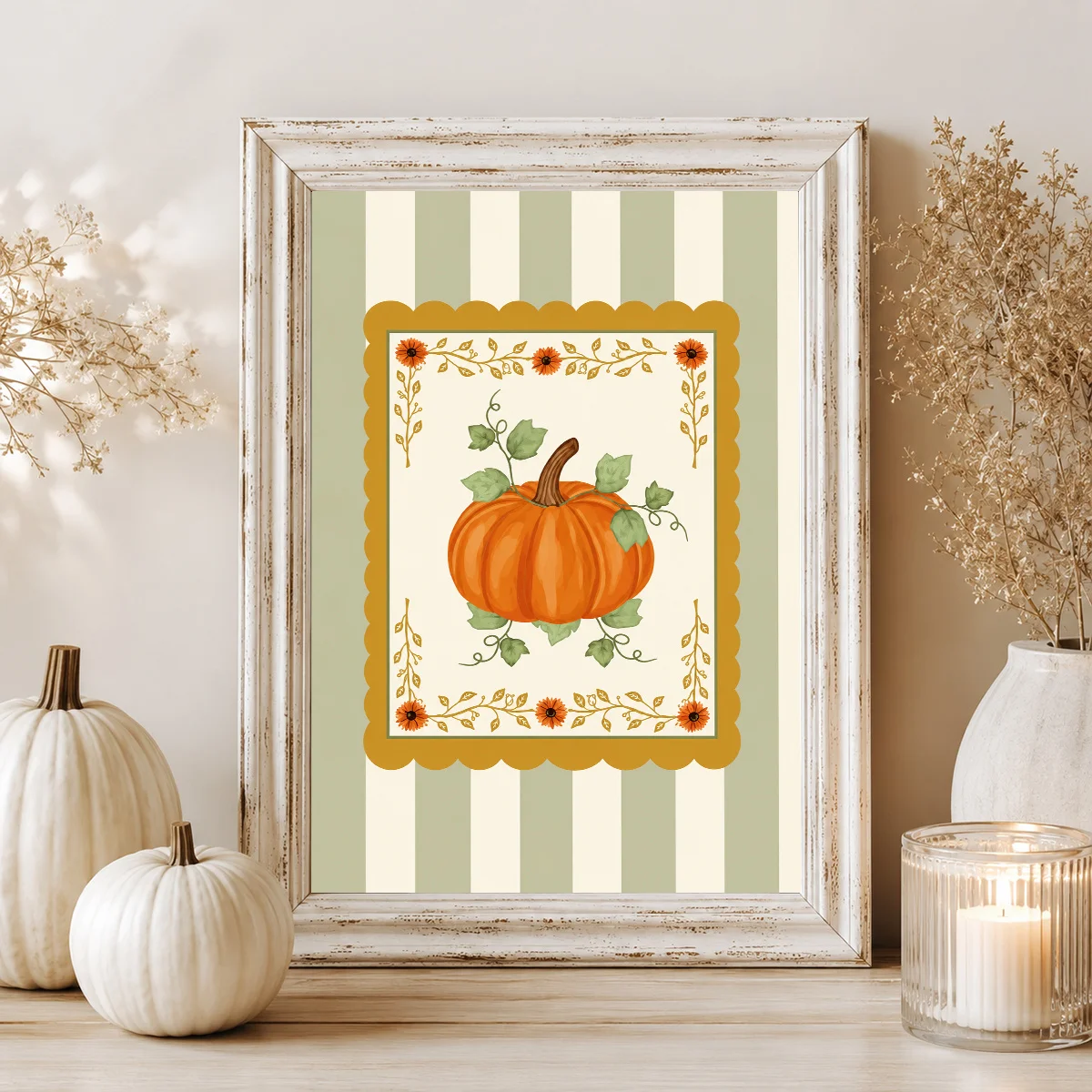 2D Flat, 2D Flat, 1pc, Autumn Light Green Striped Pumpkin Vine Floral Canvas Painting, Thanksgiving Pumpkin Harvest Wall Art,