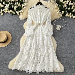 Elegant Water-Soluble Lace Crochet Flower Party Dress Women Hollow Out Crystal Diamond Belt High Waist Evening Female Clothing