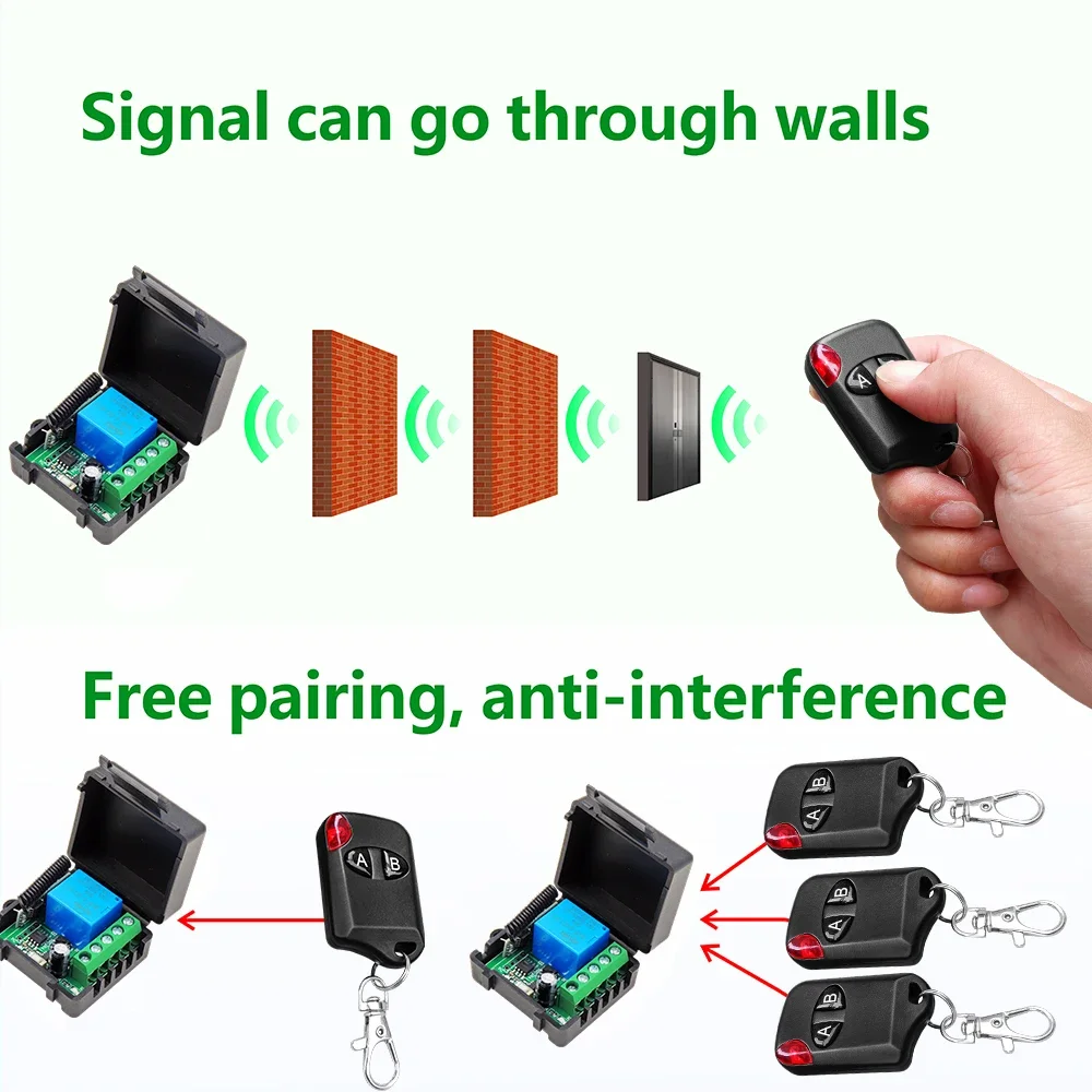 RF Receiver and Wireless Remote Control with A/B button Transmitter 50m 433MHz DC 12V 1CH Relay Module for LED/DIY