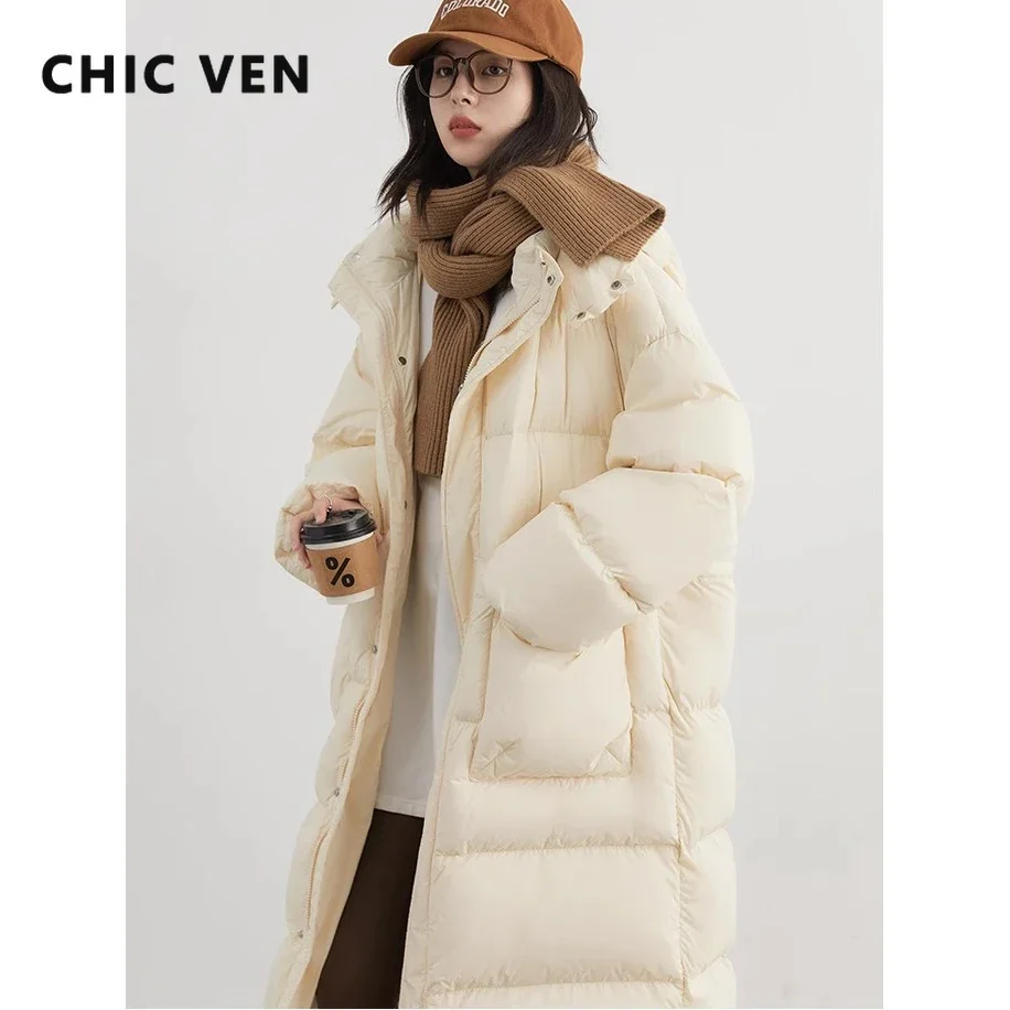 CHIC VEN Koreanische Frauen Daunenmäntel Lose Feste Neue 90 Weiße Ente Unten Mit Kapuze Winddicht Lange Weibliche Puff Unten Jacke Winter 2025