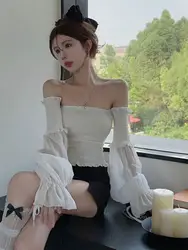 Sweet and Pure Desire Wind One Shoulder Off Shoulder Chiffon Shirt New Sexy Ruffle Slim Fit Short Top