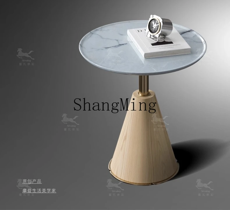 

HJ household living room natural marble small corner table light luxury solid wood log round coffee table