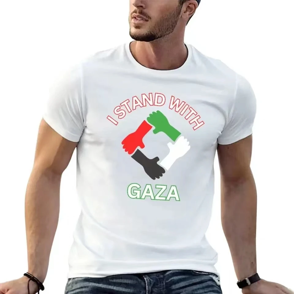 I Stand with Gaza Men\'s Cotton T-shirt Quick Dry Breathable Summer Short Sleeve Clothing Tops