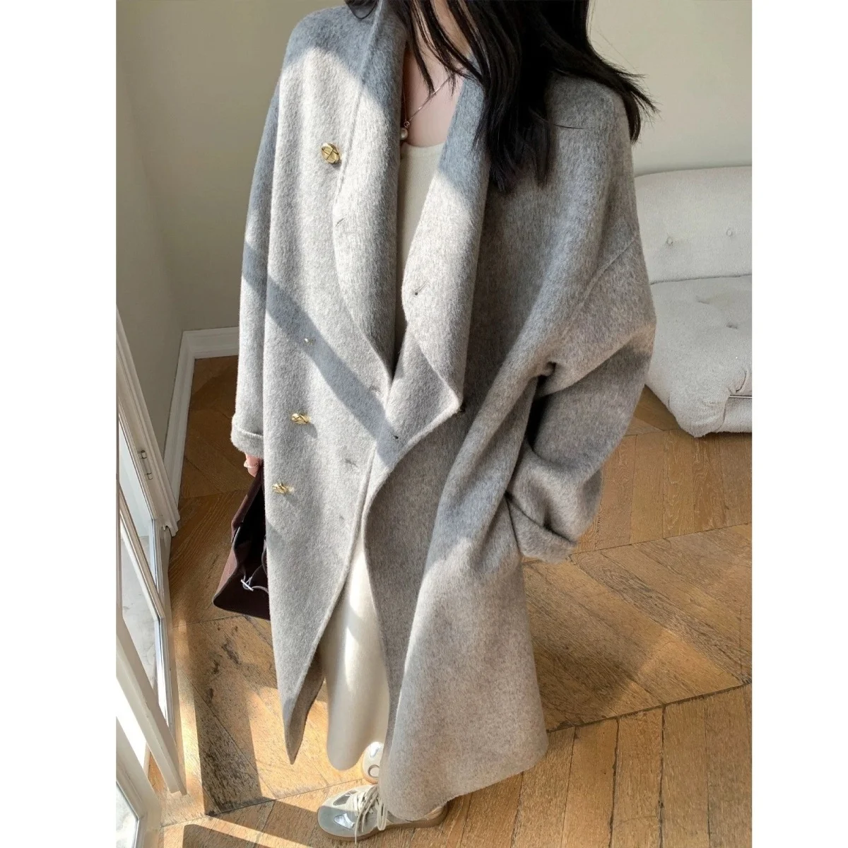 

Gray Double-Faced Woolen Coat Women's Mid-Length Korean Style Casual Fashion High Waist Design Long Sleeve Casual Scenarios