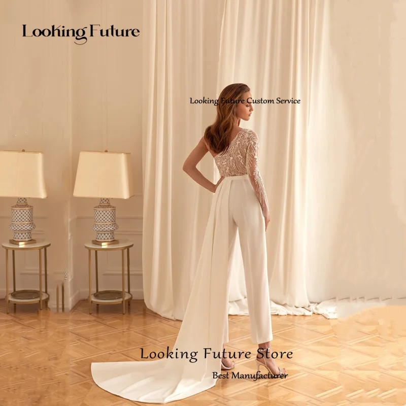 Boho Ivory Long Trousers Sheath Wedding Dresses For Woman Modern One Shoulder Pleated Beading Embroidery Illusion Open Back 2026
