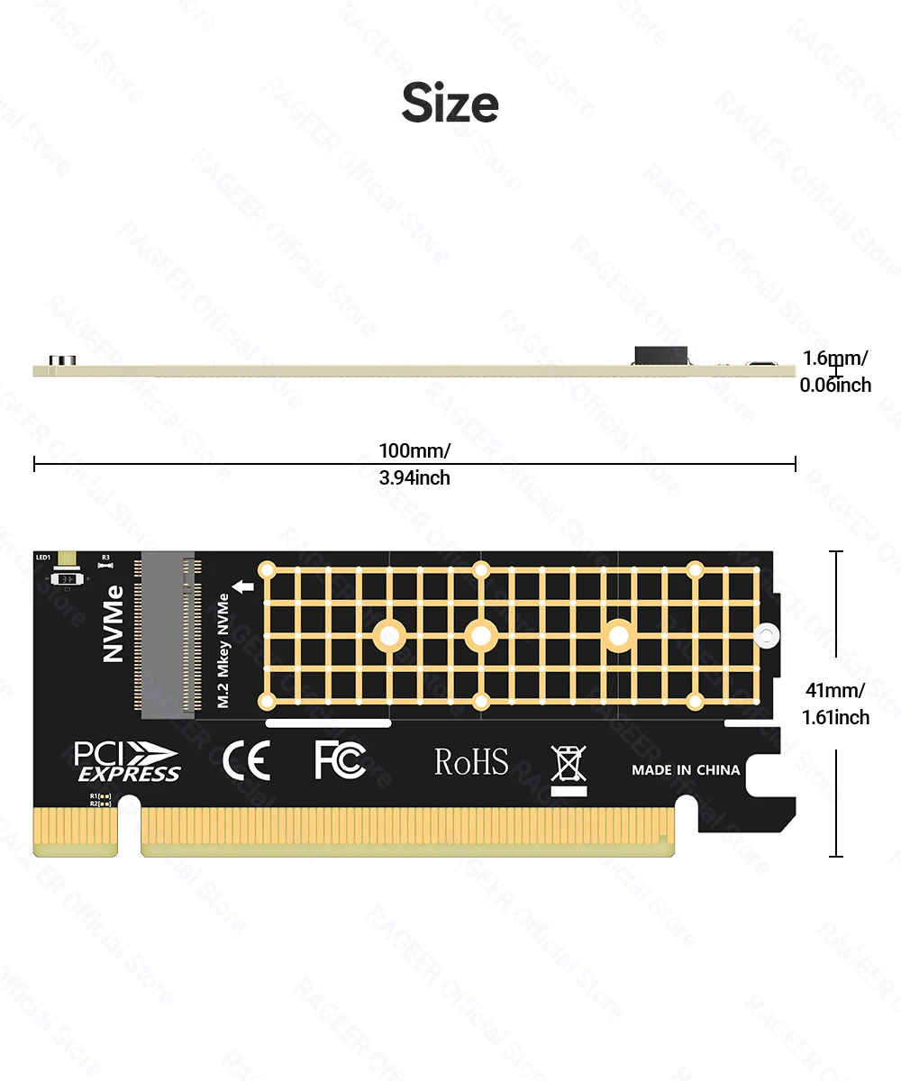 RAGEER M.2 NVMe zu PCIe 4.0 x16 Adapterkarte unterstützt 4 TB SSD und 64 Gbit/s Geschwindigkeit, kompatibel mit 2280/60/42/30 NVMe SSDs – Detail 12