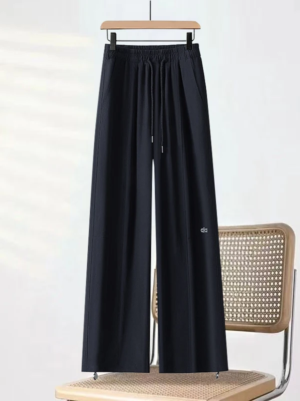 Calças de trabalho esportivas qui dry de seda gelo mulheres cintura alta fina proteção solar casual calças largas verão novo sle néctar rosa