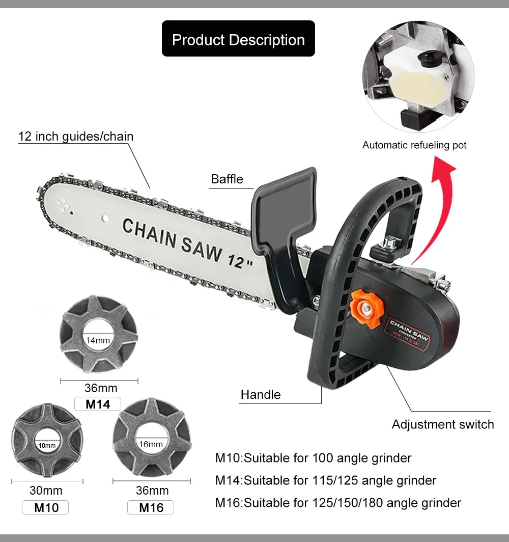 12-Inch Electric Chainsaw Adapter Home Woodworking Tool Kit,M10-M14-M16 Adjustable Chainsaw Adapter,Includes 2pcs 12-Inch Chains