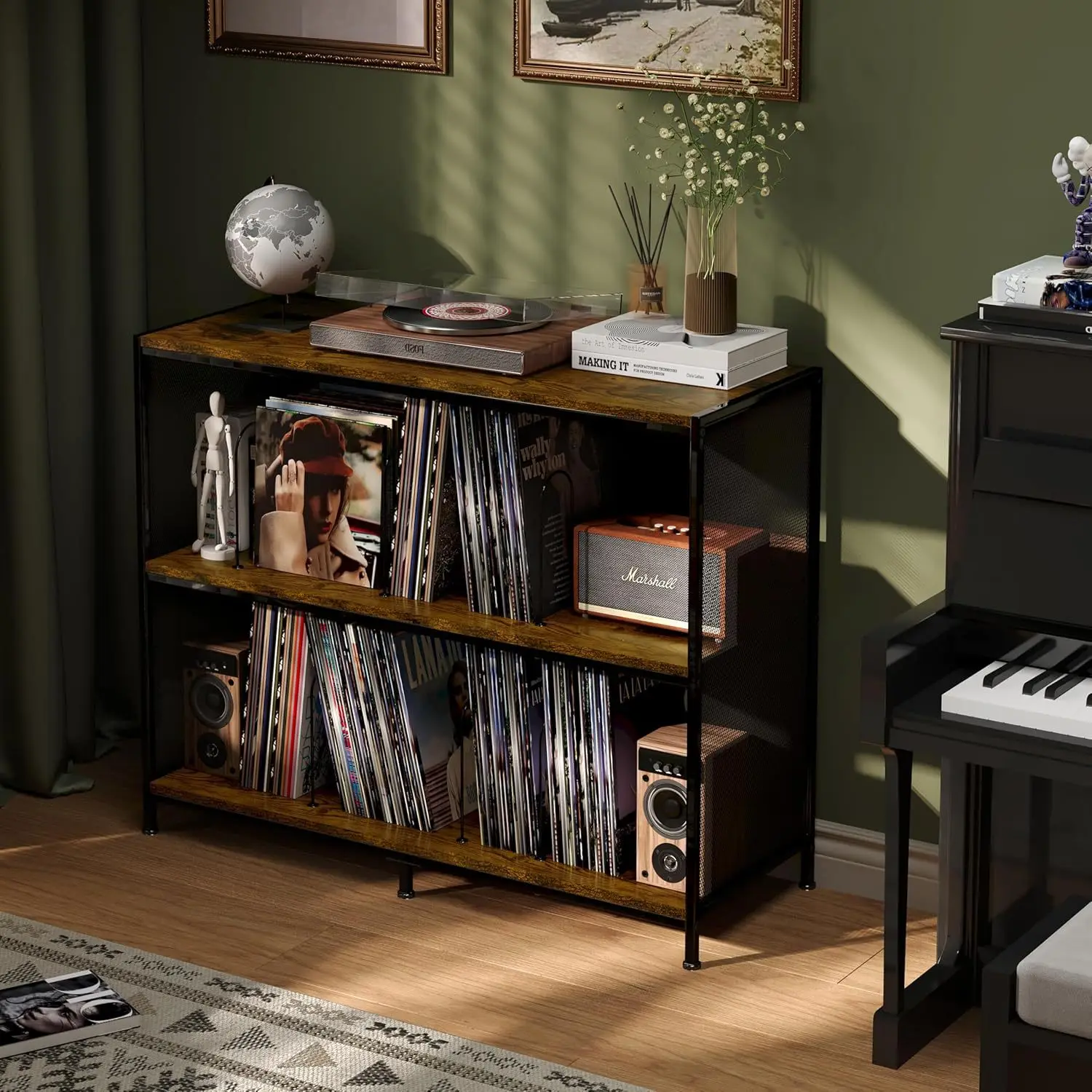 Mesa para tocadiscos, estante de almacenamiento de discos de vinilo bilateral, estante para tocadiscos, combinación de hierro y madera