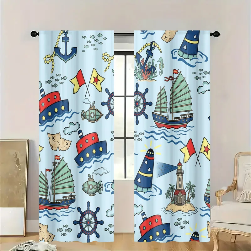 Decorative Nautical Window Curtains Coastal Ocean Pattern Sea Ships Anchor Compass Rose Kitchen Bathroom Curtain Rod Drapery Lig
