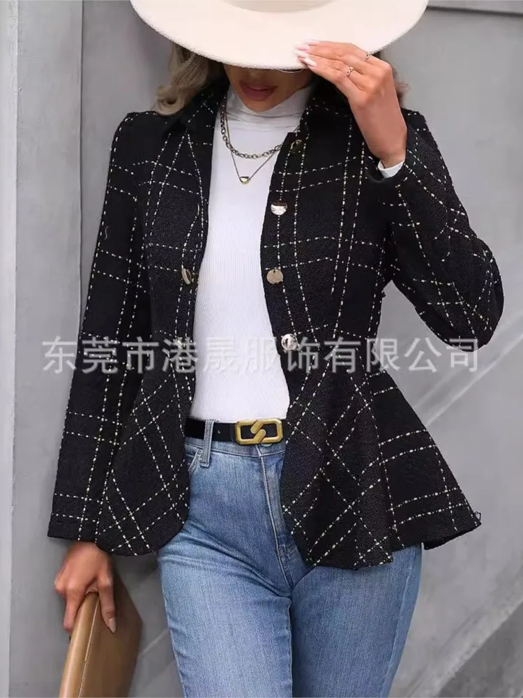 Fashion Lapel Jacquard Ruffled Long Sleeve Women's Coat New Autumn Winter Slim Double Breasted Elegant Female Office Suit Jacket