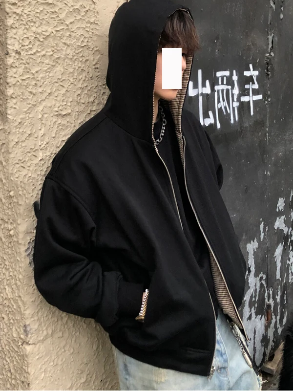 

Двусторонняя толстовка на молнии в клетку в стиле винтаж, свободного кроя, для весны и осени