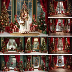 Mocsicka Christmas Backdrop Indoor Red Curtain Window Snow Scene Xmas Tree Wooden Floor Children Photo Background Shooting Props