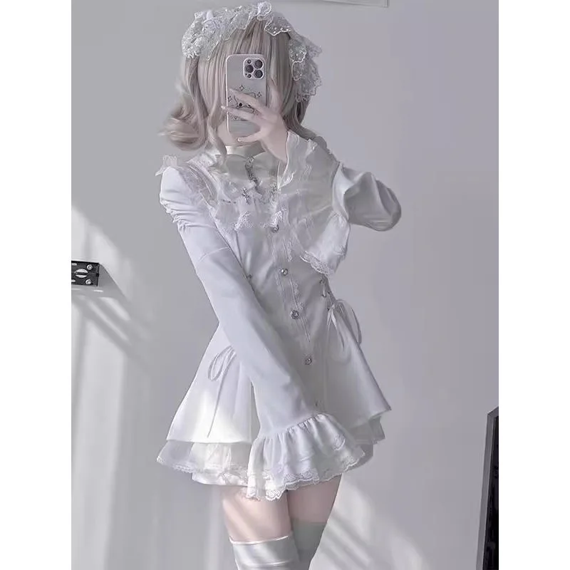 

Japanese Y2k Lolita Style Bow Dress Shorts Set Women Kawaii Lace Flare Sleeve Bow Shirt Dress Aesthetic Punk Party Mini Dress