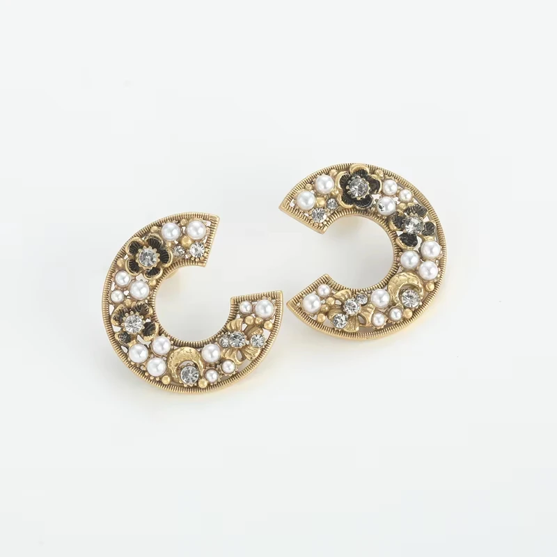  Vintage-Perlen-C-Typ-Blumenohrringe, trendiger Luxus-Art-Deco-Strass für Freundin, Markendesign, hochwertiger Schmuck, Geschenk, Accessoires, Jahrestag, Hochzeit, Party