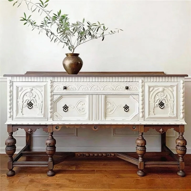 Solid wood carving flower entrance cabinet retro living room cabinet home bedroom storage