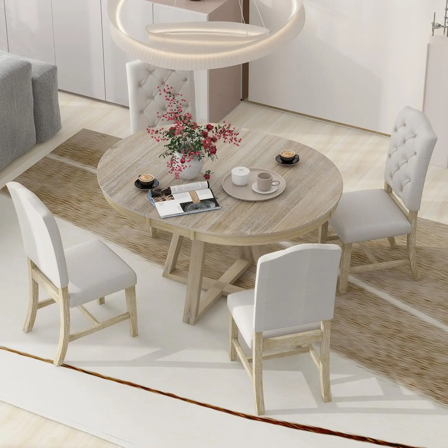 5 Piece Round Dining Room Table Set for 4 with Extendable Table with 16