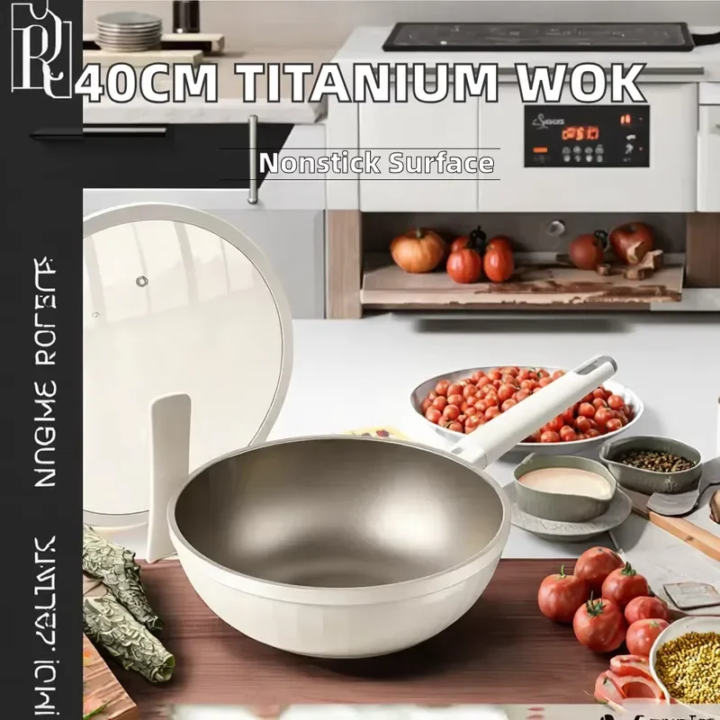 40cm Titanium Non Stick Frying Pan With Tempered Glass Lid Cookware For Induction Gas Stove Kitchen Cooking Skillet Pot