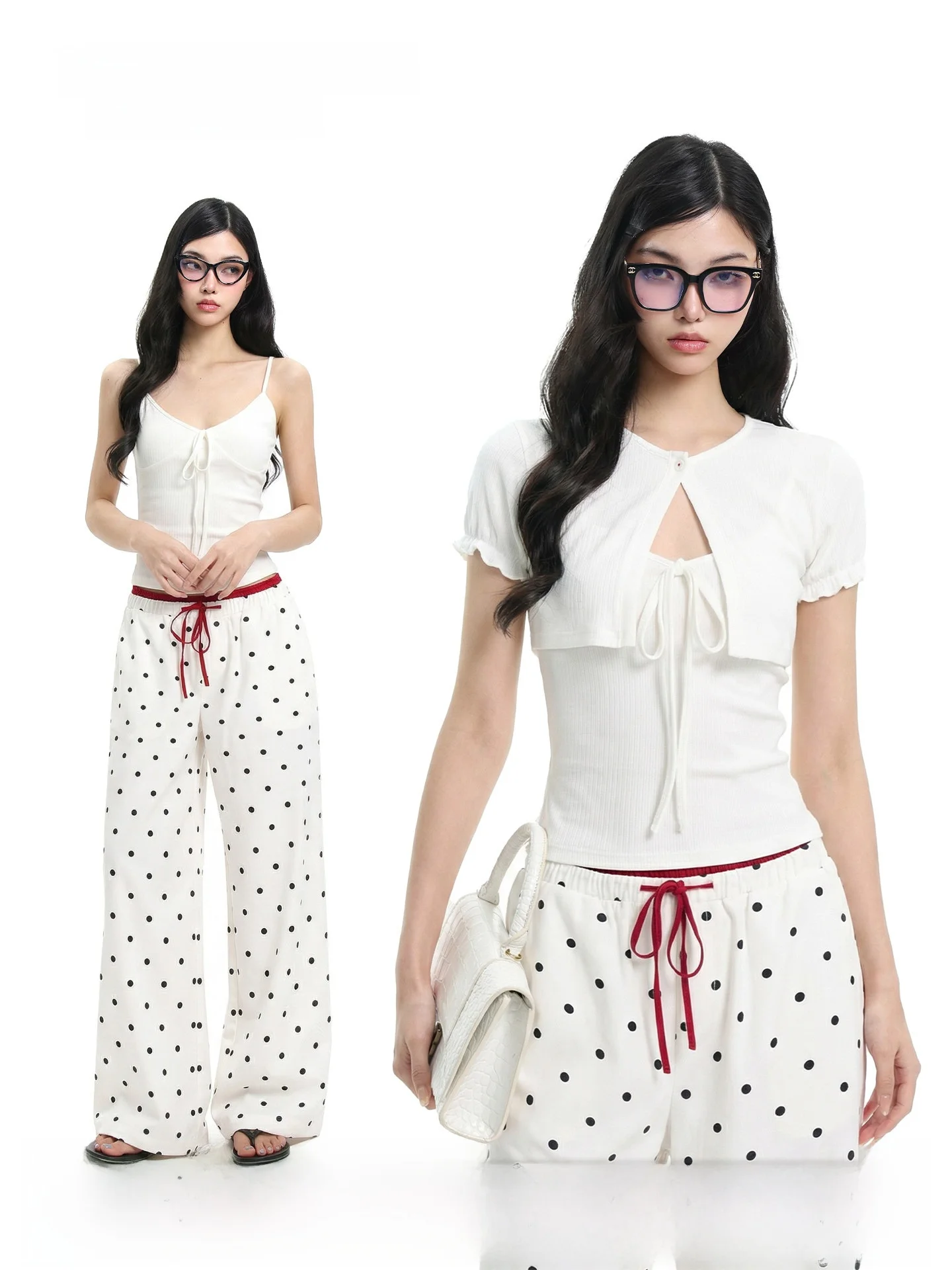 

UNCMHISEX Spicy Girl White Slim Fit Strap Vest Women Summer Design Open Cardigan Shoulder Short Sleeve T-Shirt Set Casual Style