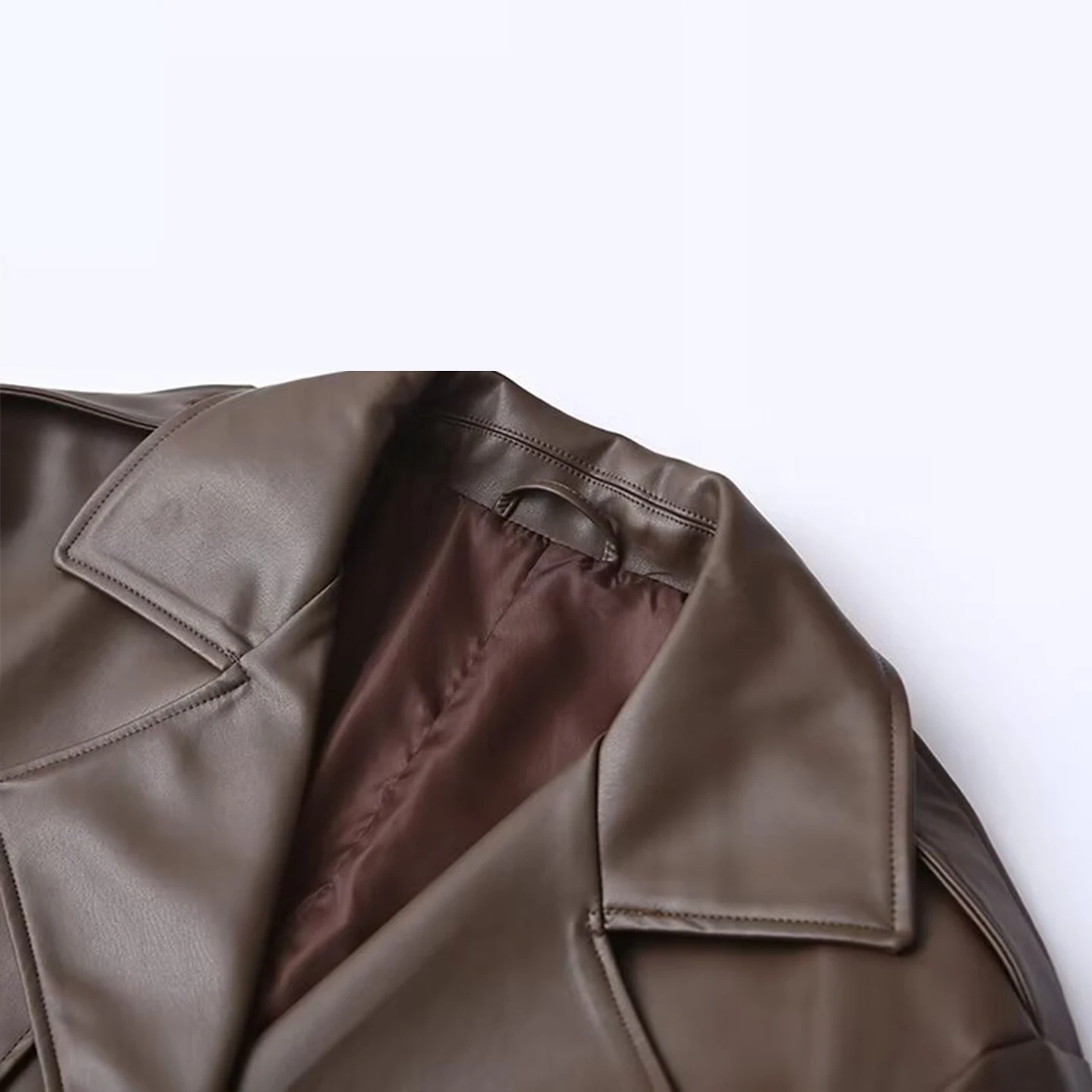 

Slimming Long Leather Coat Pure Color Faionable Women's Sle Personali Stand Collar Double Button Closure Commute Windbr...