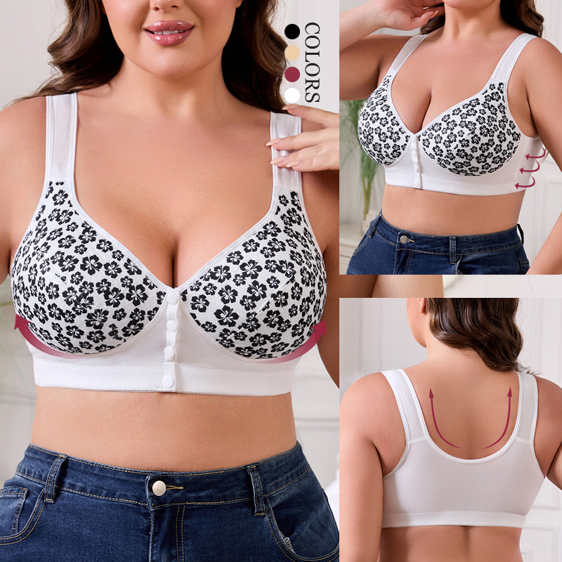  Ladies Comfortable Without Steel Ring Vest Style Printed Underwear Front Buckle Seamless Breathable Gathering Anti Sagging Bra 