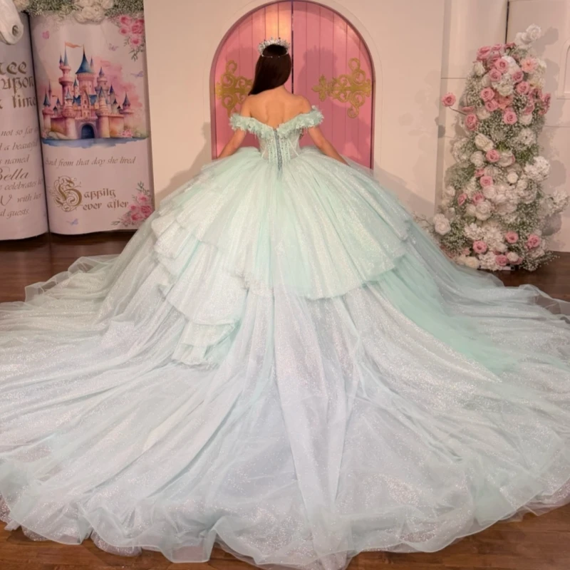 연한 녹색 반짝이는 퀸세네라 드레스 오프숄더 비딩 크리스탈 튤 파티 생일 스위트 16 드레스 베스티도스 15 아노스