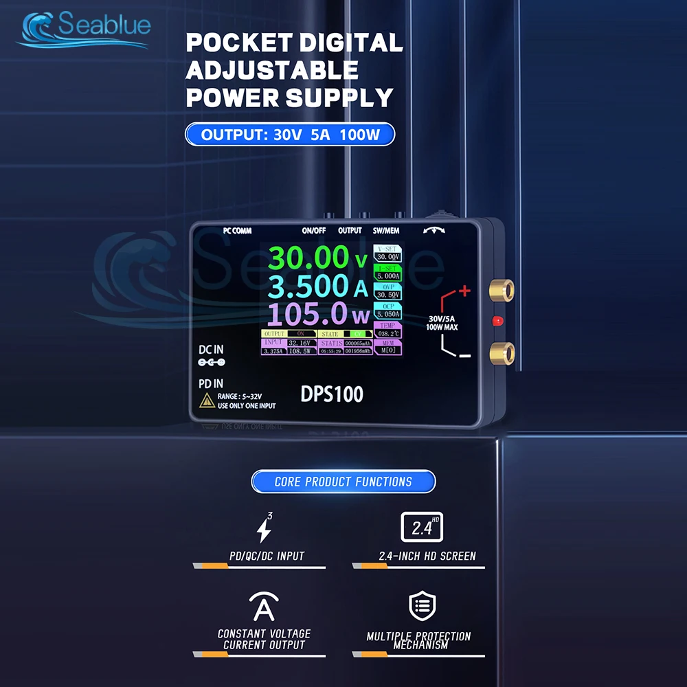 DPS100 30V 5A Portable DC Power Supply 100W Output Digital CNC Adjustable DC Stabilized Power supply Type-C DC Input Port