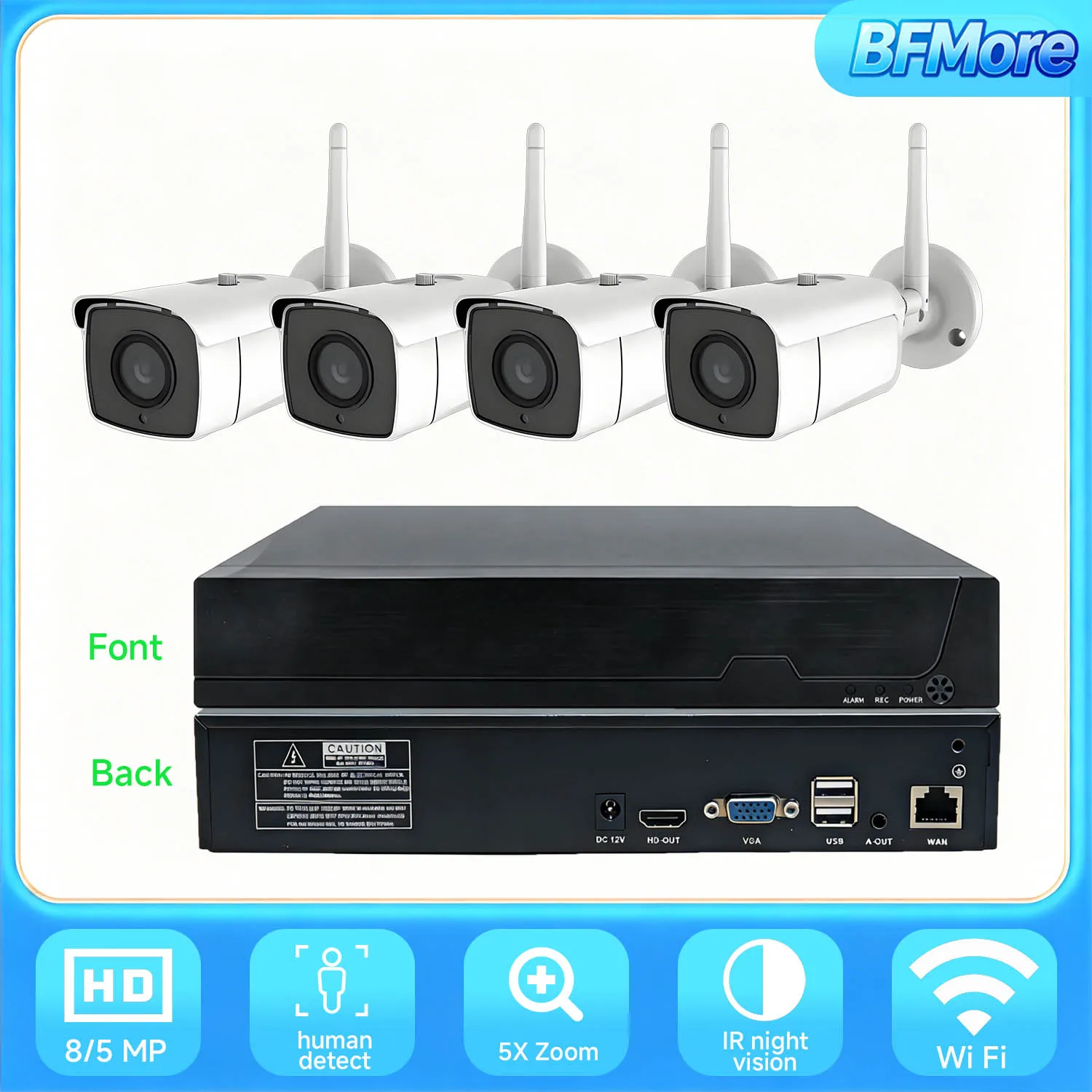 

BFMore 5MP 8MP 2MP Wifi security 4CH Wireless NVR 5X Zoom/3.6 mm Two Way Audio With 5MP Security Audio Recording CCTV Kit