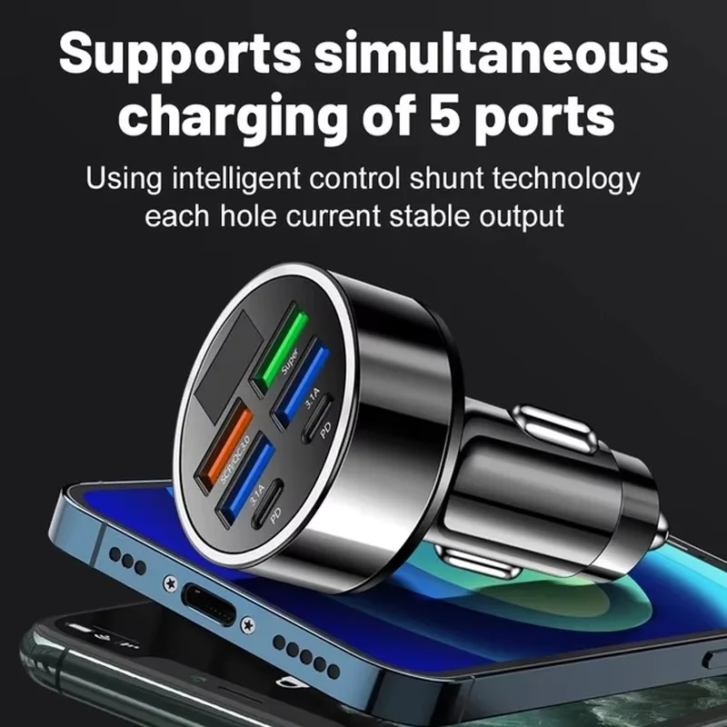 UYUXIO Multi Port USB C Car Charger with Voltage Display Dual PD Fast Charge Phone Adapter with Volt Meter for iPhone Samsung