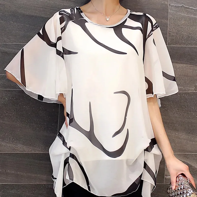 Women\'s Short Sleeve Loose Chiffon Blouse, O-Neck, Hollow Shirt, Casual Tops, Elegant Clothing, Fashion, Summer, New, 60A, 30