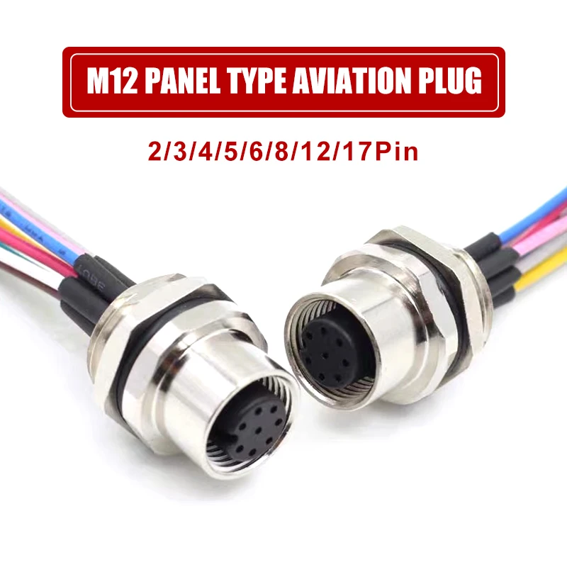 M12 2 3 4 5 6 8 12 17 Pin Metal Panel Mount Aviation Plug Socket Male Female Welding Connectors with 30cm Wire Adapter IP67
