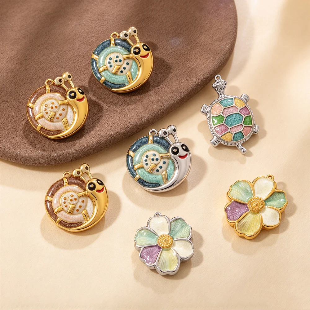 2pcs Stainless Steel Enamel Snail Flower Sea Turtle Pendants Charms For DIY Necklace Earring Jewelry Making Supplies Accessories