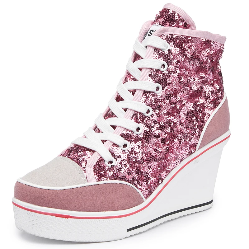 Women Shoes Pink Black Silver Glitter Vulcanize  Woman Platform Wedge Sneakers Casual Zapatos De Mujer