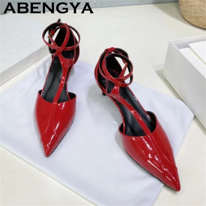 2026 Summer Pointed Toe Mid Heels Sandals Women Real Leather Ankle Strap Kitten Heels Pumps Shoes Sexy Party Dress Shoes Female