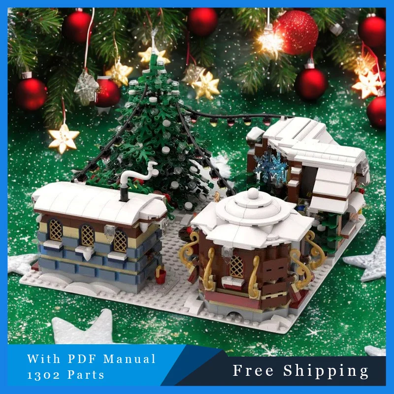 

1302 шт., Рождественский сельский рынок, жилой модульный MOC, креативный строительный блок, модель в сборе, игрушка, Рождественский подарок для детей