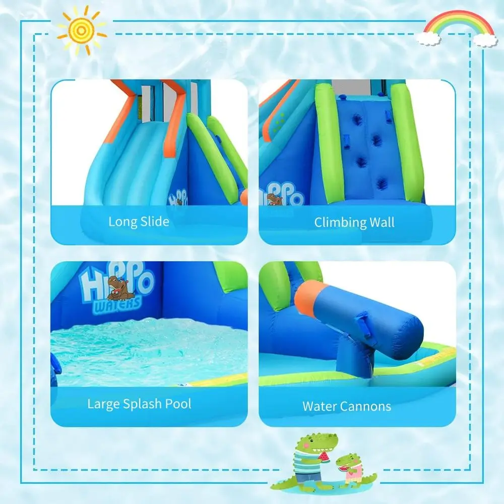 สไลเดอร์น้ำเป่าลม รูปทรงฮิปโป สำหรับสนามหลังบ้าน พร้อมผนังปีนป่ายและสไลเดอร์ ใช้ได้ทั้งในร่มและกลางแจ้ง
